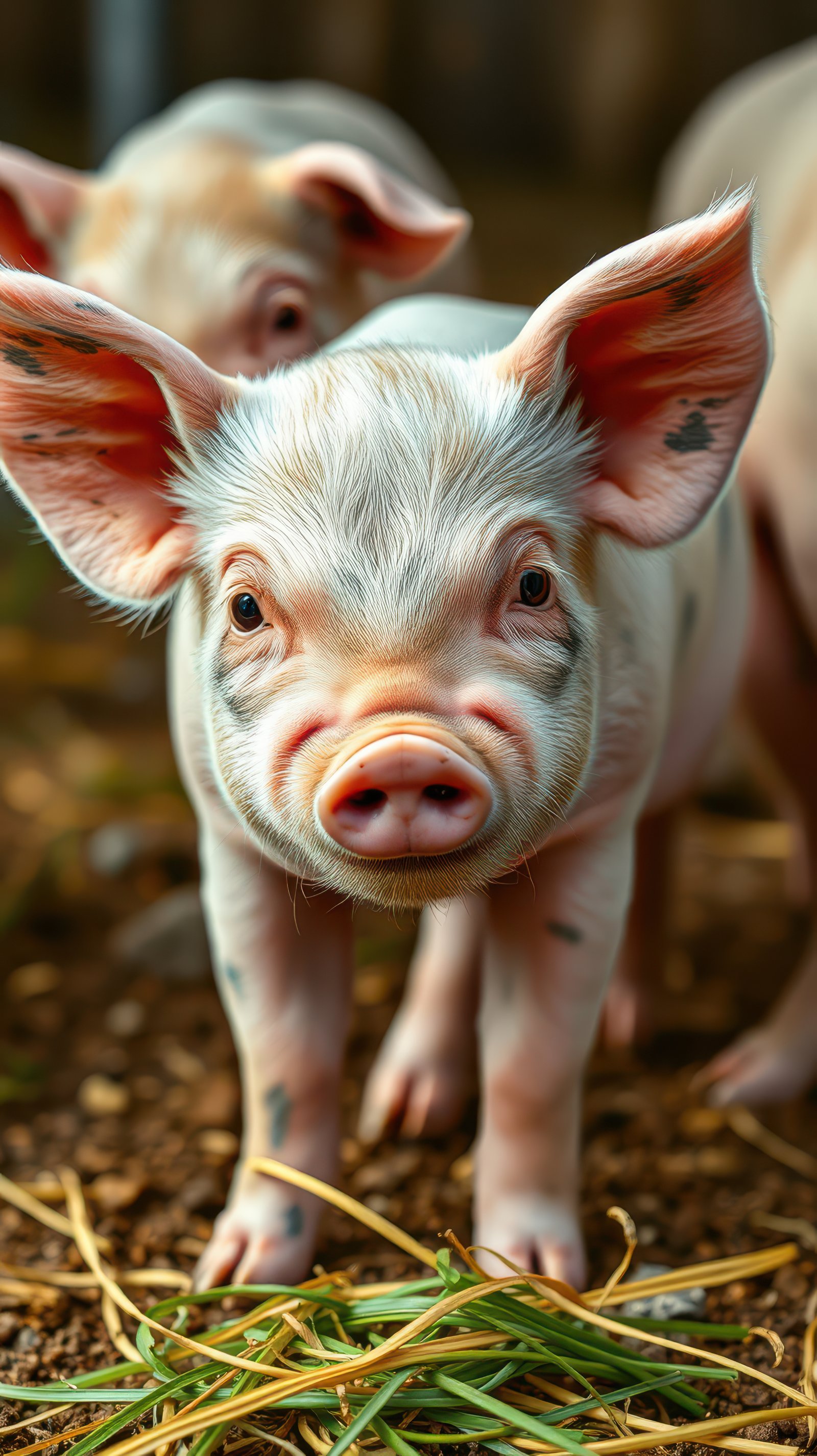 A piglet looks up at the camera while standing in a grassy area